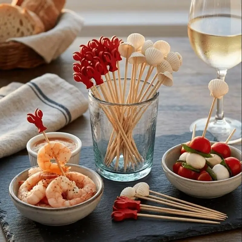 100Pcs 12cm Crab Shell Bamboo Cocktail Picks Fruit Cupcake Appetizer Toppers Hawaiian Summer Beach Party Supplies