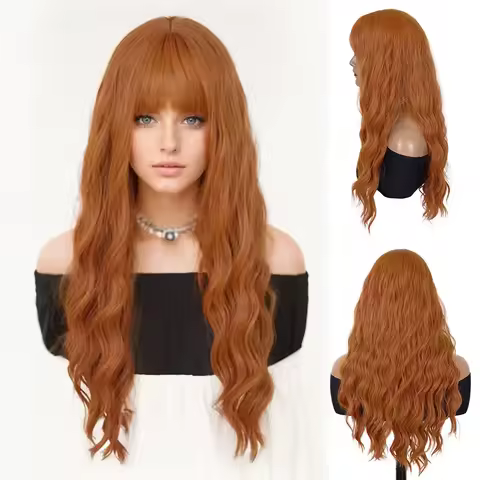 Synthetic Long Water Wavy Wig with Bangs for Women Lady Anime Orange Lolita Wigs Costume Halloween Cosplay Party Heat Resistant