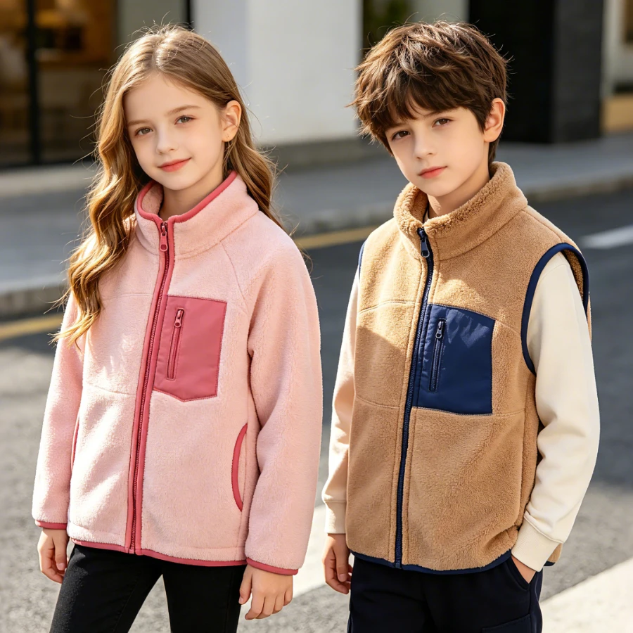 

Fall Winter Fleece Zip Jacket Kids Stand Collar Contrast Spliced Double Lined Warm Windproof Casual Outerwear Boys Girls 2-12Y