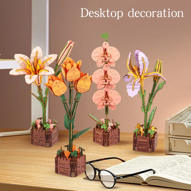 Woodcraft Hand-Held Flower Set Vase, Building Block Assembly Puzzle, 3D Model DIY Home Decoration Flower