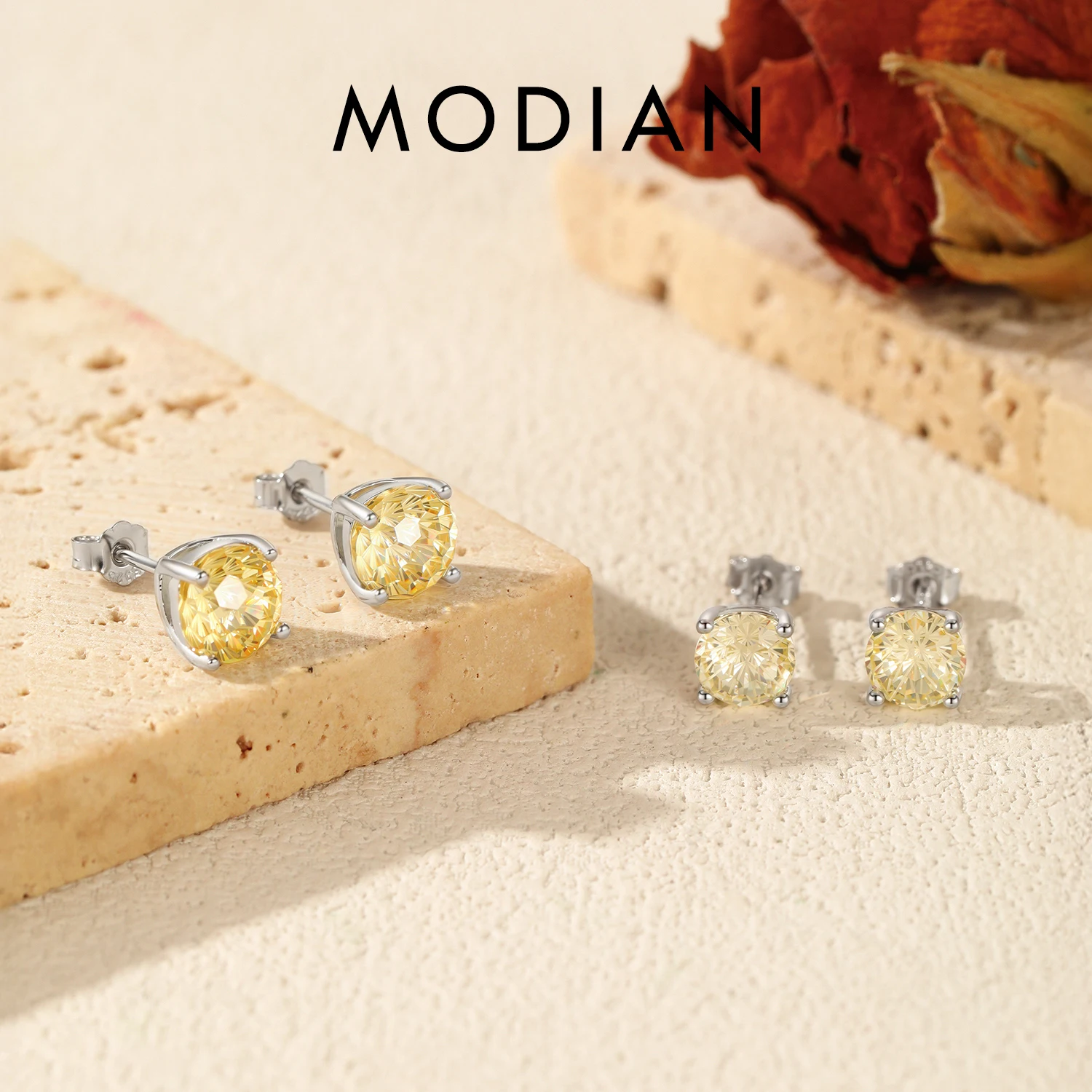 

MODIAN 925 Sterling Silver Fashion Light Yellow Firework Cut Zircon Round Studs Earrings For Women And Men Fine Jewelry