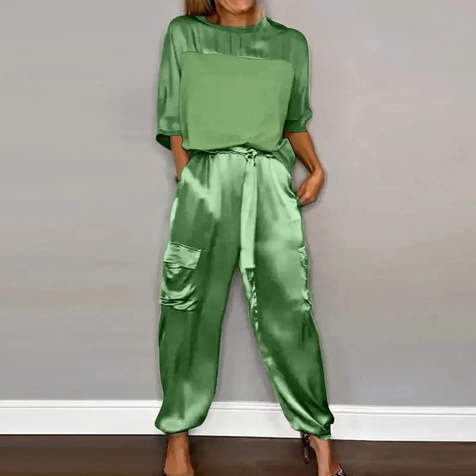 

Women Smooth Satin Half Sleeve Top And Pants Set Women Casual Summer Satin Pajama Set Holiday Outfits for Women Dressy