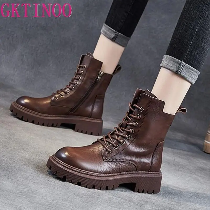 Gktinoo Echt Leer Vrouwen Laarzen Fluwelen Herfst Winter Dikke Hak Koeienhuid Schoenen Handgemaakte Retro Platform Booties