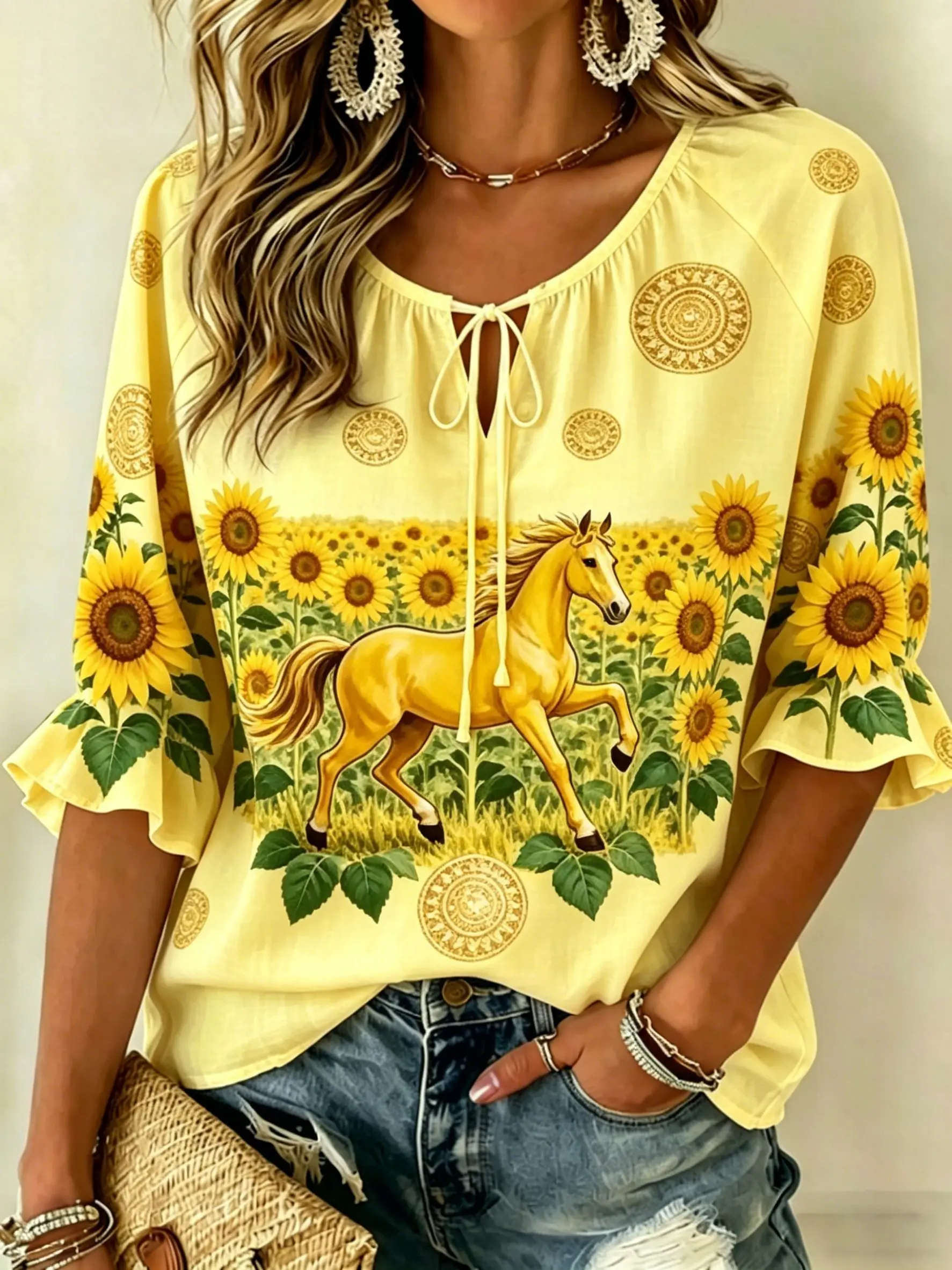 Women's Khaki Vintage Floral Print Tie Neck Blouse, Casual Loose Tops for Spring Summer Daily Wear & Vacation Occasions view 3