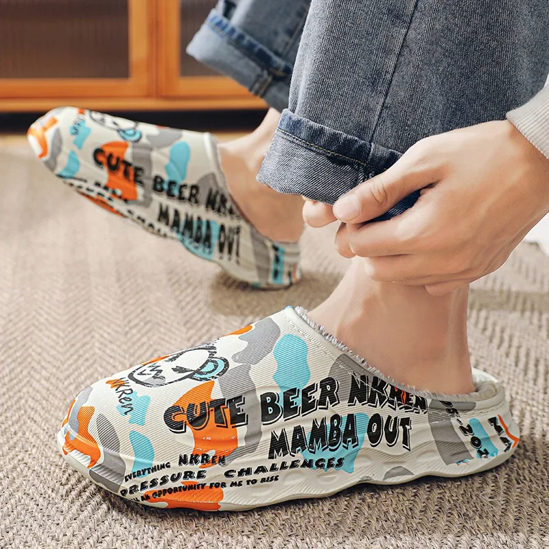 

Зимние тапочки, теплые меховые тапочки, камуфляжные непромокаемые пушистые домашние хлопковые туфли, пушистые плюшевые сабо