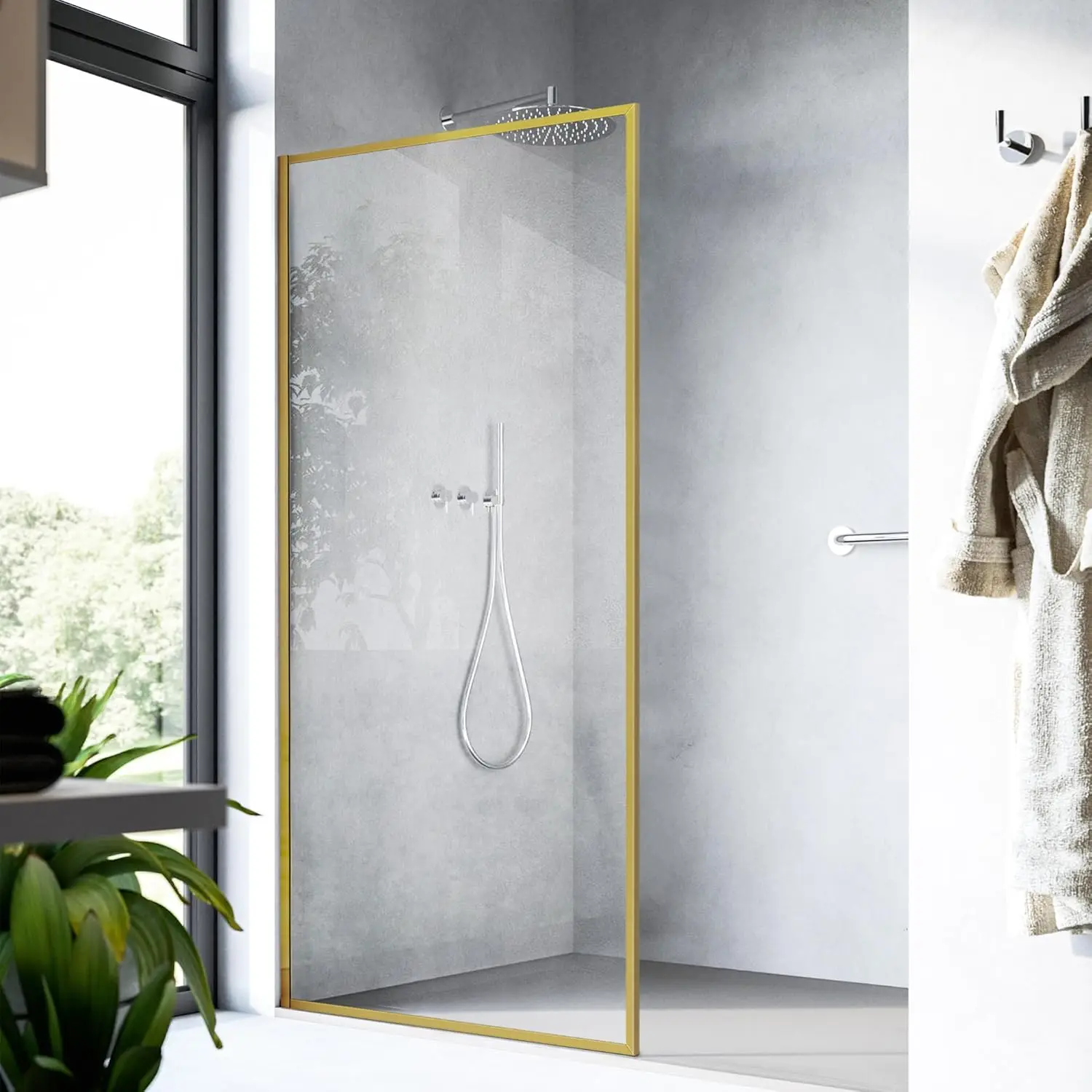 Fixed Glass Shower Door, Framed Tempered Glass Shower Panel 34 * 74 Inch For Open Walk-In Bathroom, Clear Glass Bathtub Shower