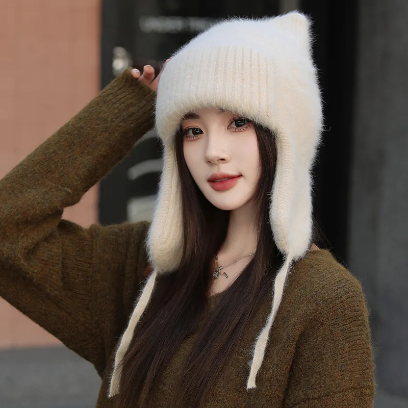 

Hat Earflap Women Winter Angora Knit Beanie Ears Design Double Layer Warm Soft Accessory For Autumn Outdoor Sports Cold Weather