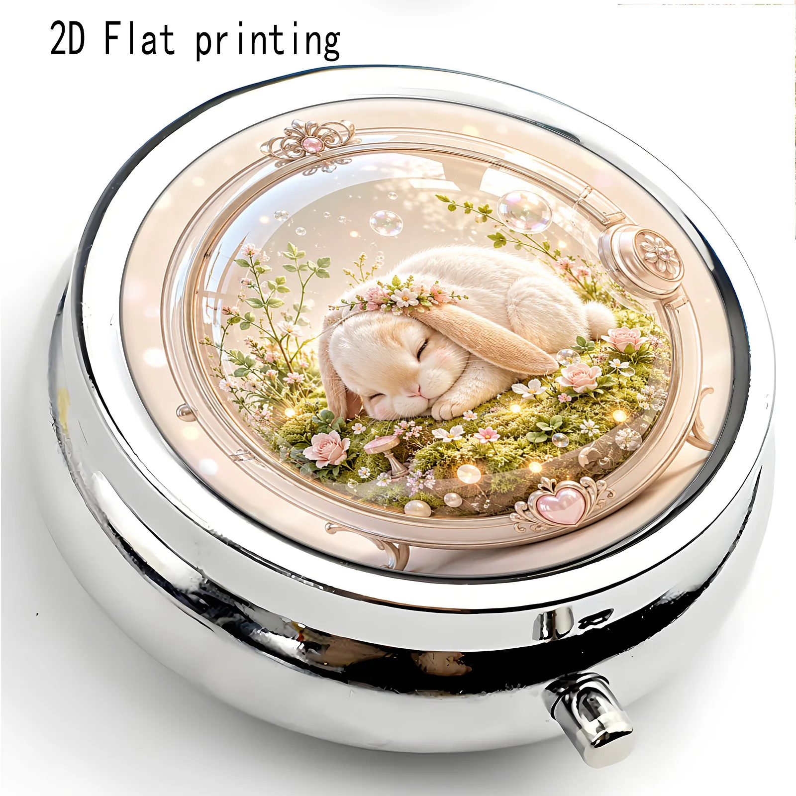 Single piece, flat, with a little white rabbit sleeping pattern, pearl border, round three-compartment small box, portable for storing medicine and small accessories, suitable for handbags or travel, a great gift, souvenir, or prize