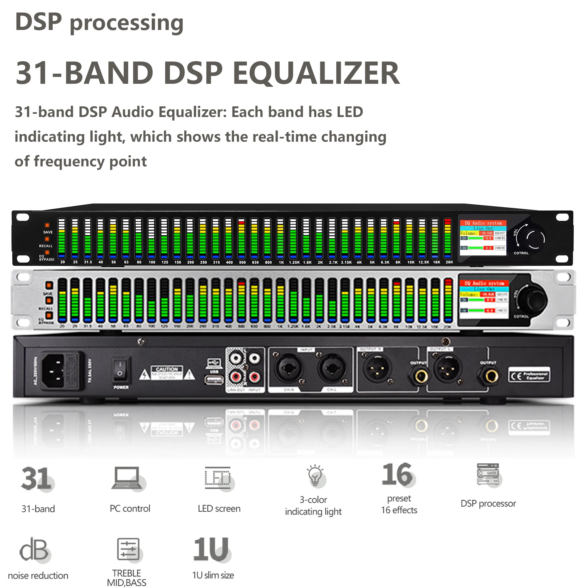 Paulkitson 31 Bands Audio Equalizer DSP Digital Profesional Equalizer Spectrum Display Equalizador Recording Studio Equipment