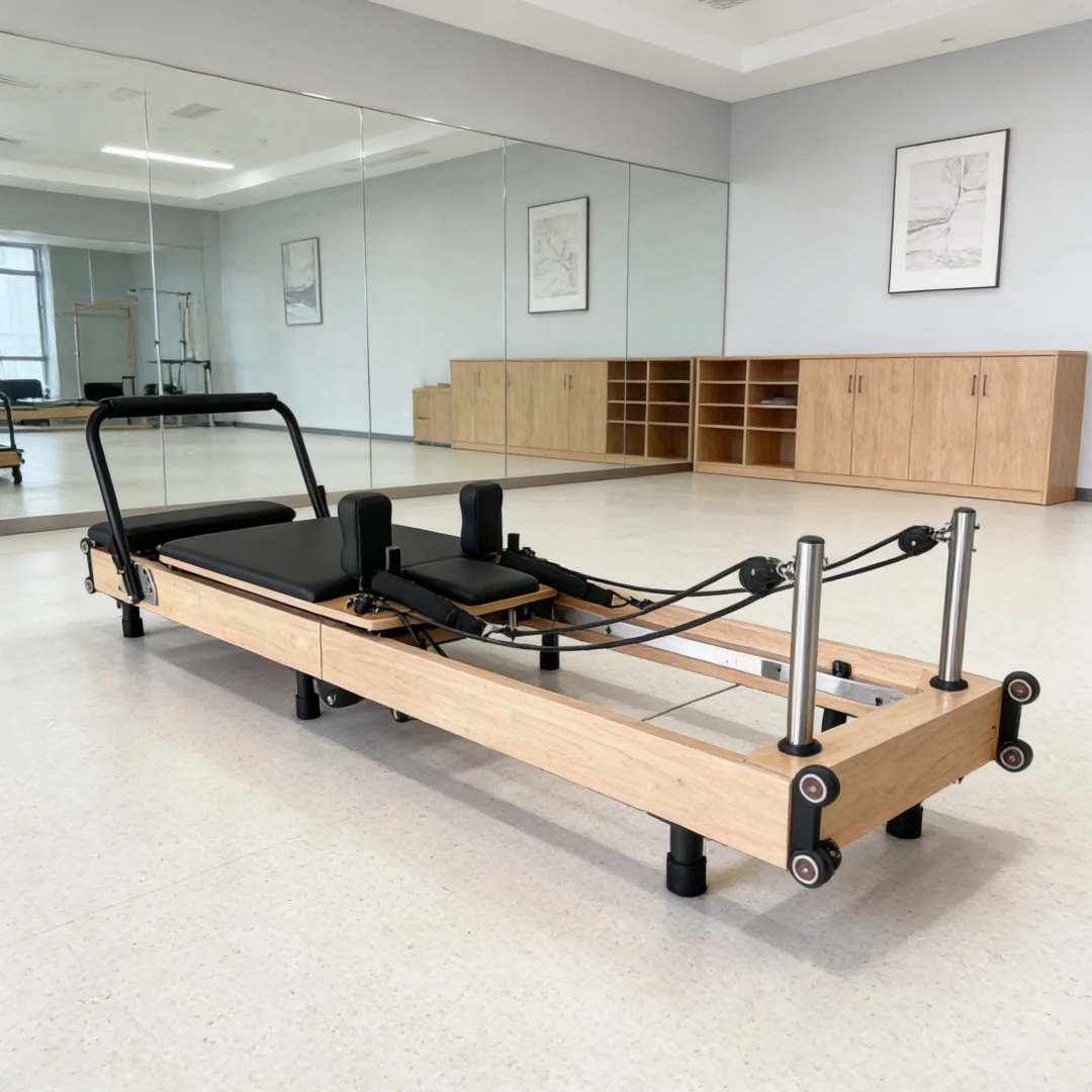 

Adjustable Foldable Oak Pilates Reformer with Leather Straps, Eco-Friendly for Home Gym