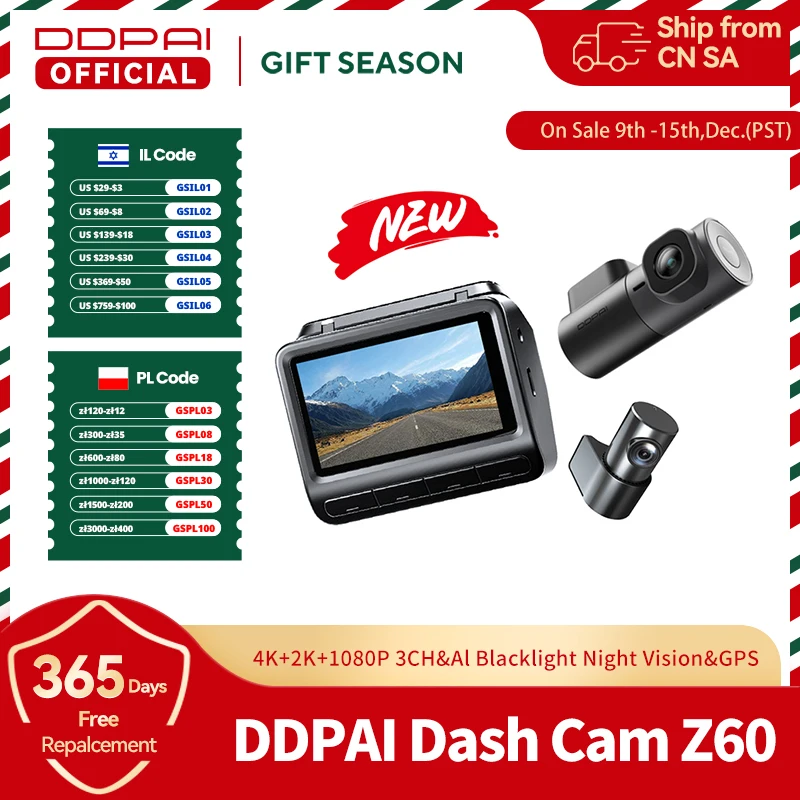 DDPAI Z60 4K+2K+1080P Dashcam Support Rear and Interior with GPS 5GHz WiFi  ADAS NightVIS 2.0 Dash Camera 24H Parking Monitor