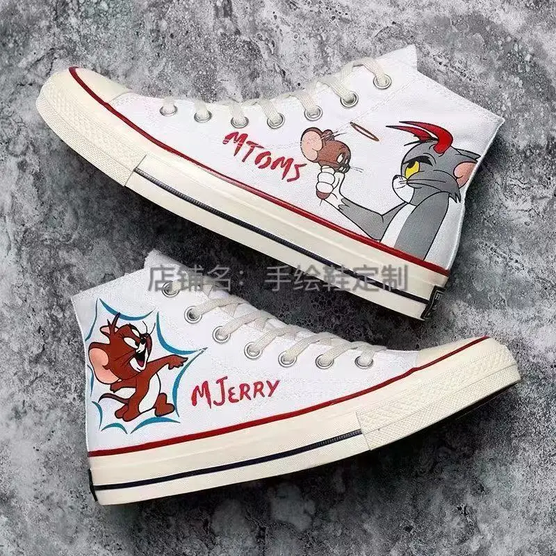 real pictures 2025 new Tom and Jerry cat and mouse man's white Canvas shoes Design Casual drop shipping women's skate shoes