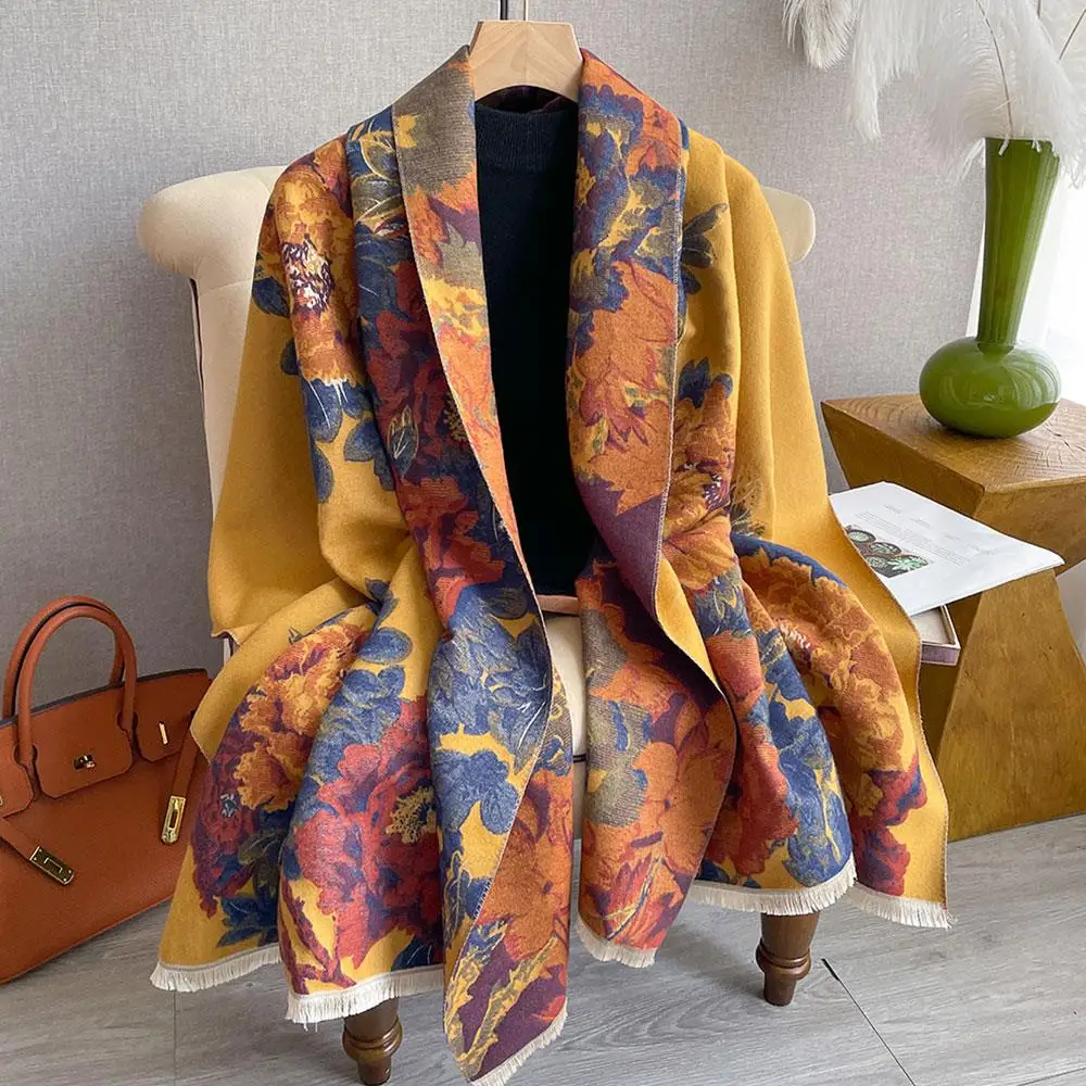 

Женское толстое одеяло, шарфы, накидка в этническом стиле, плащ, шарф, женская теплая шаль из искусственного кашемира с цветочным принтом, ветрозащитный шарф