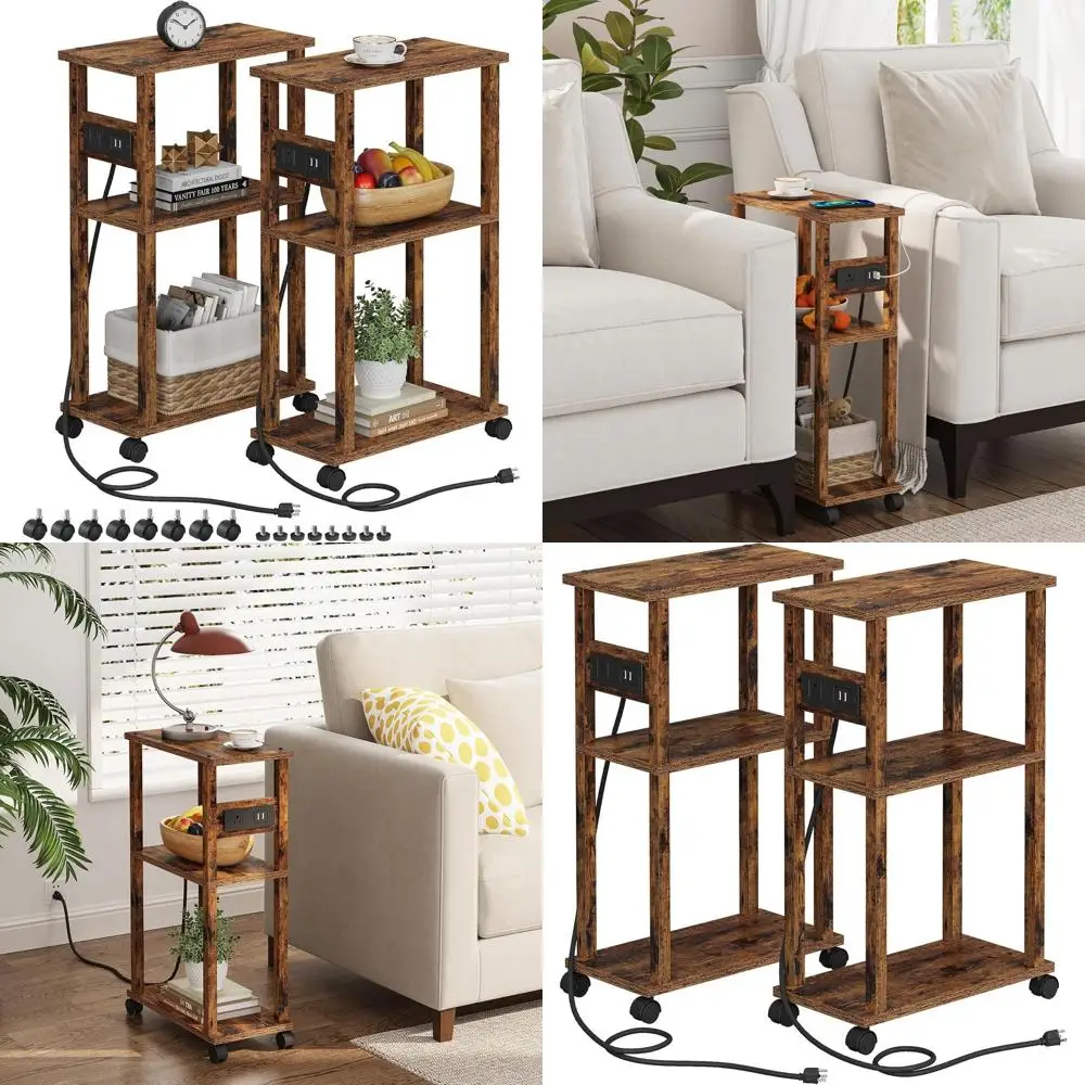 

Compact Charging Side Table for Tight Spaces, USB & Outlet Nightstand, Mobile Rustic Brown Sofa Side Table