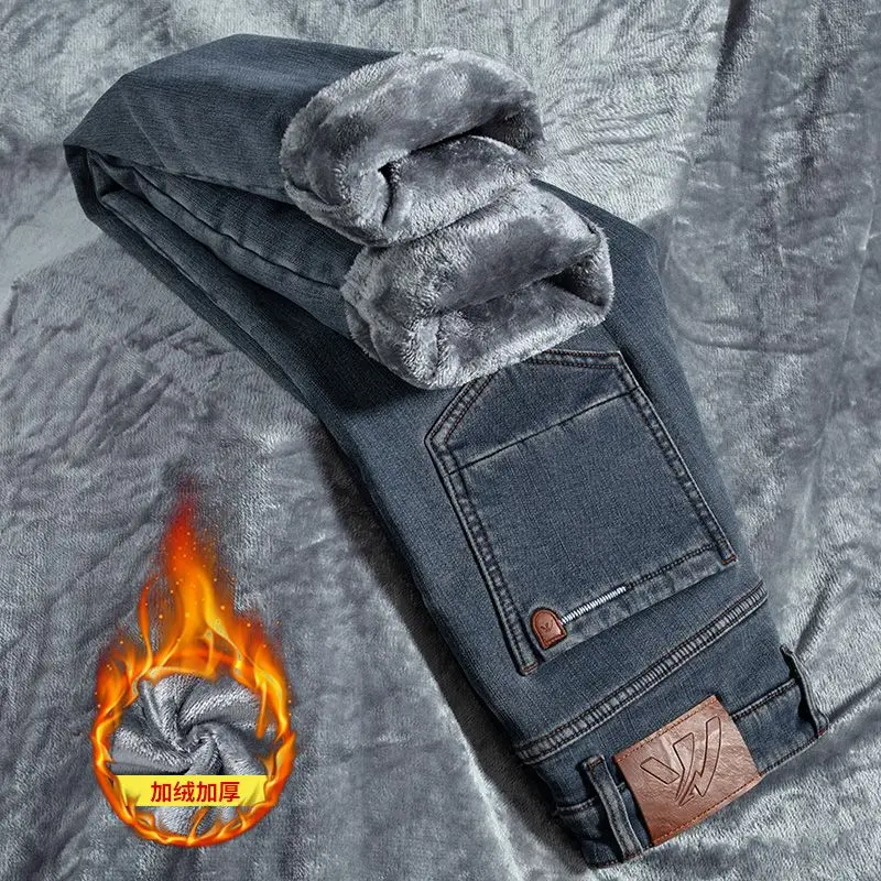 Men's Winter Fleece Lined Jeans Warm Thick Thermal Denim Pants Casual Slim Fit Stretch Trousers with Multi Pockets