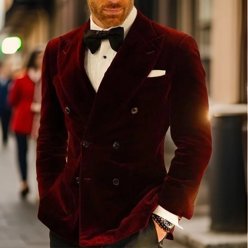 Velvet Smoking Jacket for Men Double Breasted Burgundy Suit Blazer Slim Fit Prom Party 1 Piece Groom Fashion Coat 2024