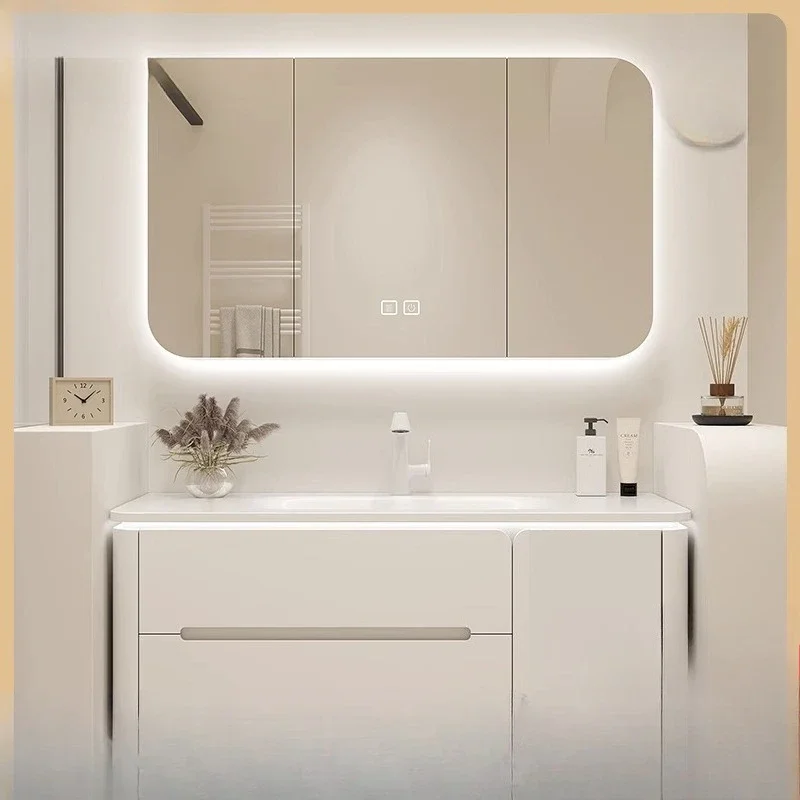 Ceramic integrated basin bathroom  combined hand wash basin  skin feeling Corian wash  smart mirror cabin