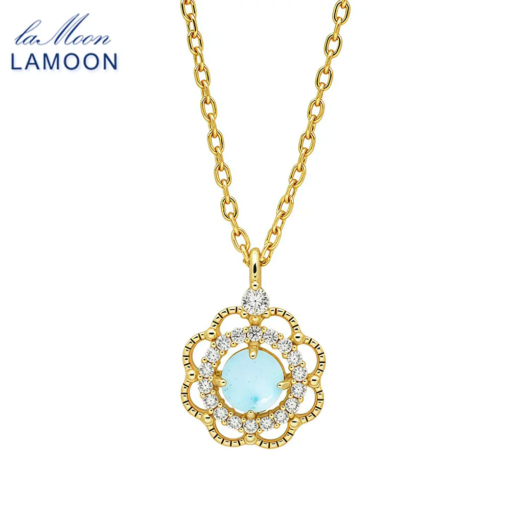 

LAMOON Vintage Natural Larimar Gemstone Pendant Necklace For Women Court Style S925 Silver Gold Plated Party Fine Jewelry Gift