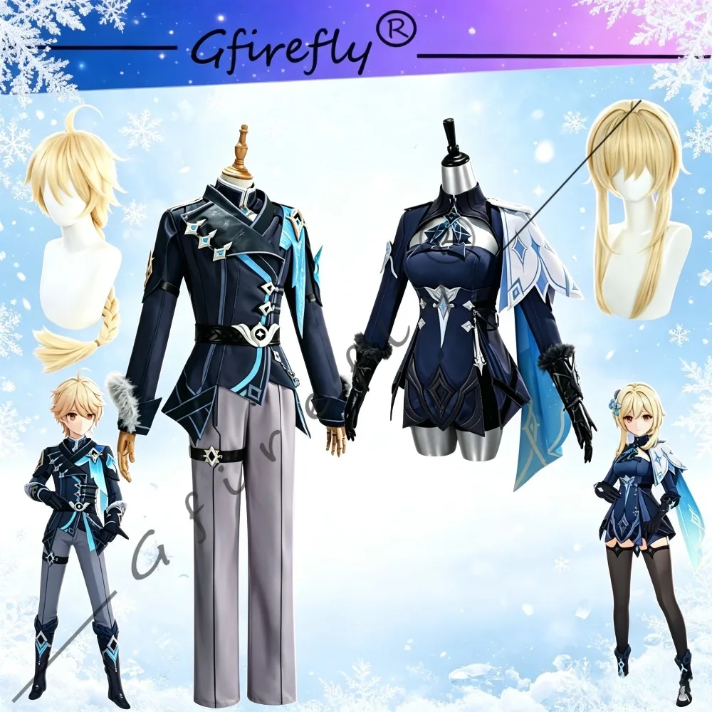 Genshin Impact Traveler Lumine & Aether Snezhnaya Cosplay Costume Uniform Full Set Accessories and Wig Game Character Outfit