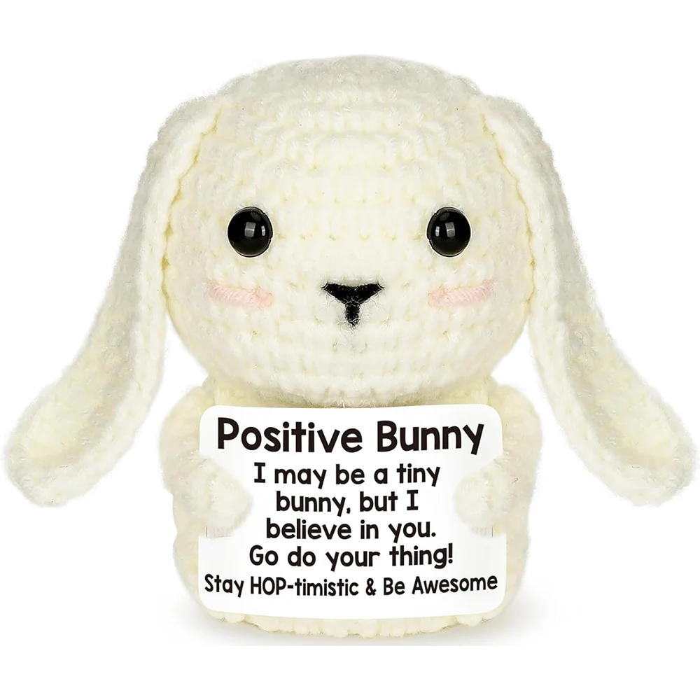 Positive Crochet Rabbit Doll with Card Home Room Decor Handmade Knitting Emotional Support Rabbit Animal Ornament Christmas Gift