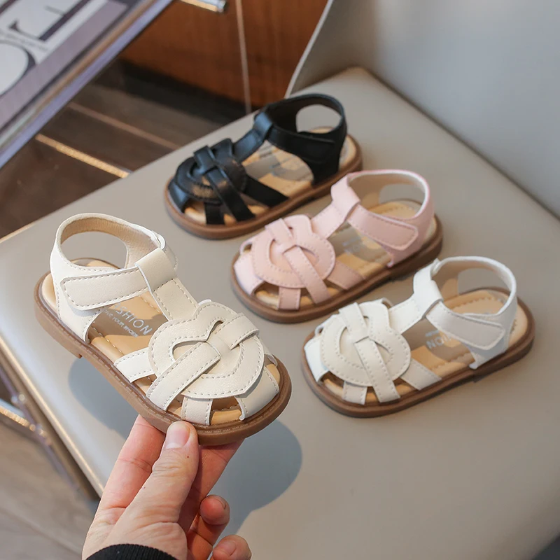 

2025 Children's Sandals Summer Girls Princess Toe Wrapped Flat Sandals Fashion Solid Color Kids Causal Cut-outs Non-slip Sandals