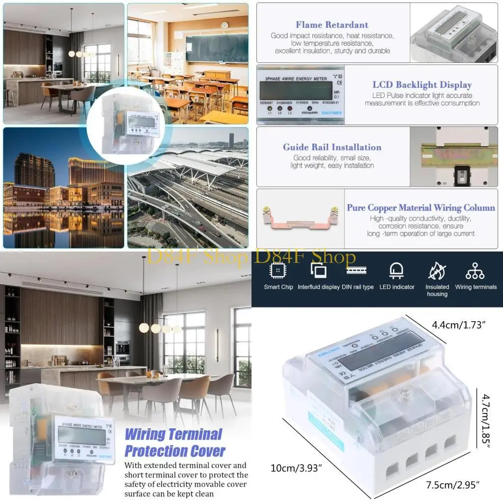 D84F Space Saving Mountable 3 Phase Energy Meter with Clear Cover for Household
