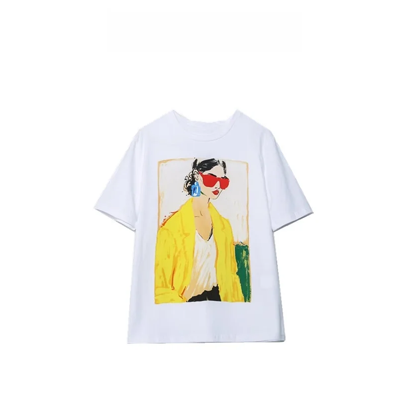 T-shirt stampata bianca Faionable per ragazze Trendy Commute Sle round Ne ort Sve Top da donna in cotone taglio dritto