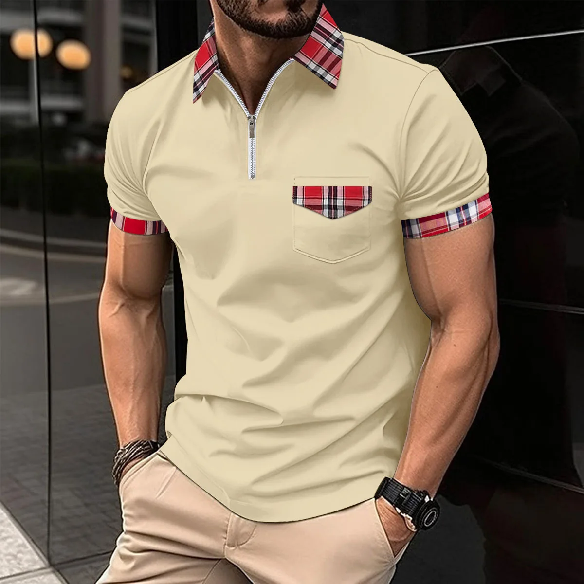 

A new solid-color casual short-sleeved POLO shirt for men in summer with a zippered lapel and false pocket design