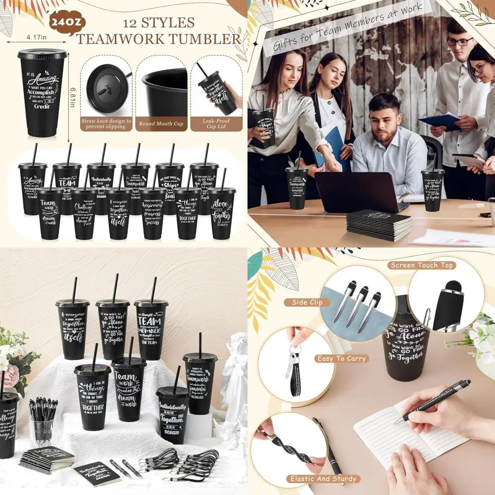 

24 oz Bulk Inspirational Plastic Cups with Lid & Straw, Notebooks, Ballpoint Pens, and Keychain Set - Ideal for Employee Appreci