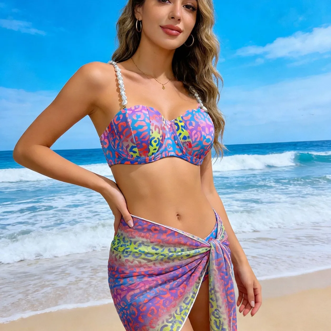 2026 Shell Molded Cup 3 Piece Bikini Set Women Sexy Tummy Control Two Piece Swimsuit with Cover Up Swimwear Floral Skirt Outfits