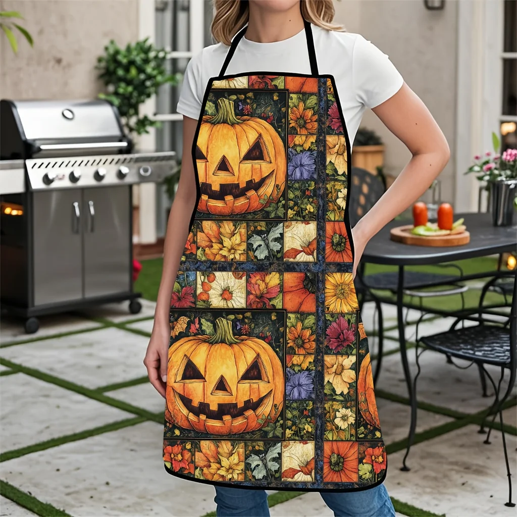 Spooky Pumpkin Patch Apron Halloween Kitchen Apron Reusable Polyester Linen Style Cooking Baking Apron