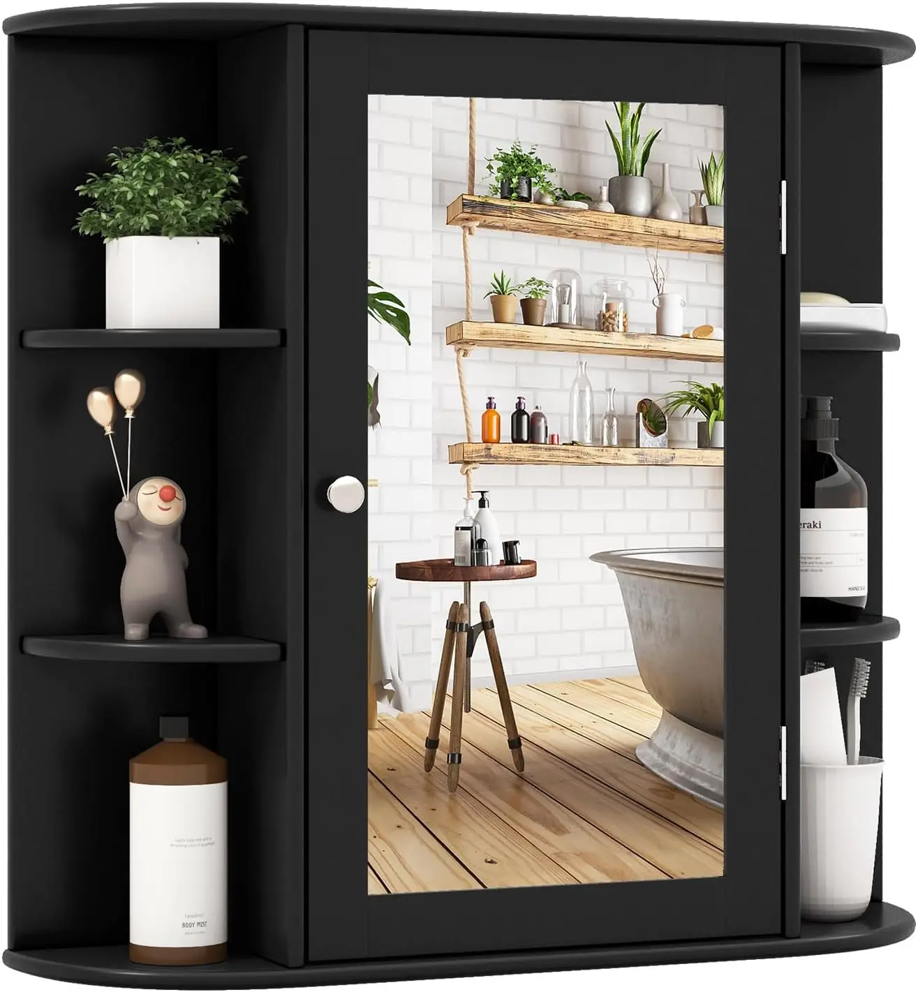 Tangkula Bathroom Medicine Storage Cabinet with Mirror Wall Mounted with Door 6 Open Shelves Adjustable Shelves Black