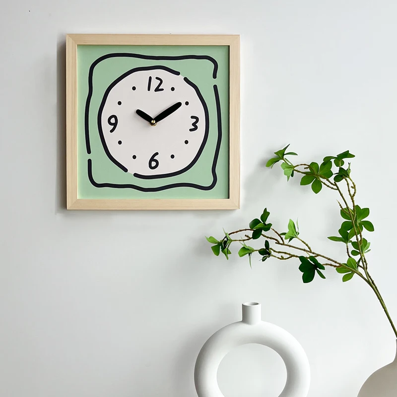 Japanese-style solid wood square wall clock cartoon art silent clock clock clock without punching log wind decorative clocks.