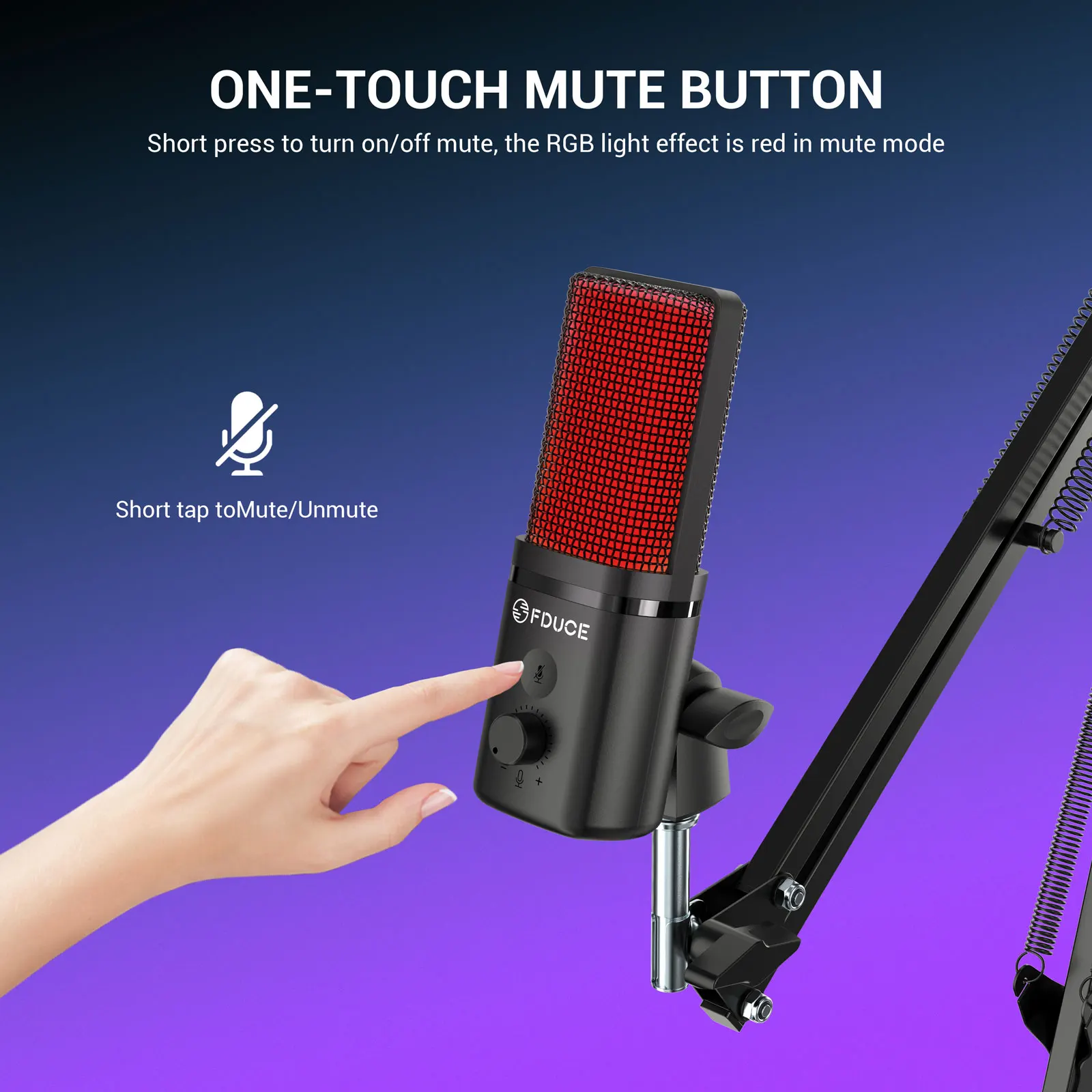 ميكروفون ألعاب USB FDUCE M160-RGB مع لون ديناميكي RGB، زر كتم الصوت الذي يعمل باللمس، حامل ذراع أو حامل ثلاثي القوائم للصدمات، للكمبيوتر الشخصي PS5/4
