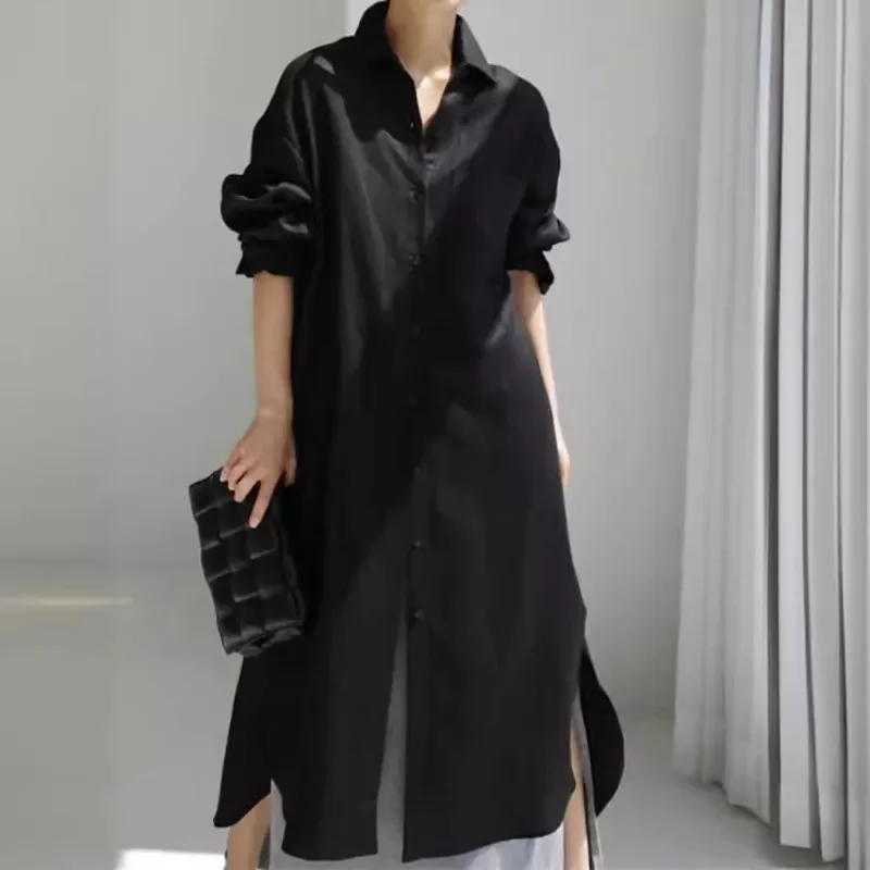 

Summer Fashion Women's Cotton Linen Dress Shirt New Elegant Loose Irregular Cardigan Single Breasted Long Sleeved Dress Vestidos