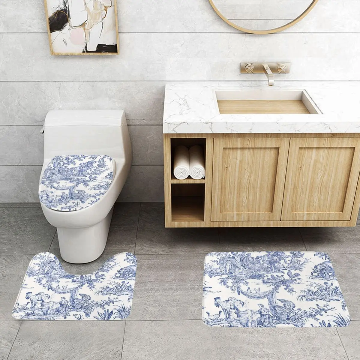 

Blue Toile 3 Pcs Bath Mat Bathroom Set Toilet Lid Cover Home Decor Non-Slip Carpet Floor Rug