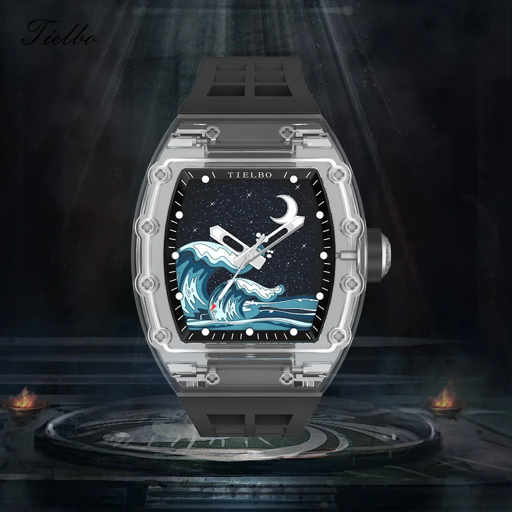 TIELBO Crystal Automatic Mechanical Case Watches for Men Skeleton Sapphire Men's Diamond Wristwatch Waterproof Watch Luminous