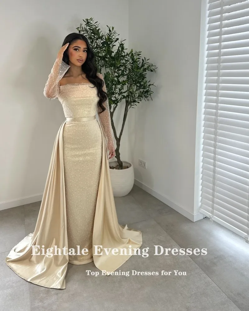 Eightale Luxury Evening Dresses Long Sleeves Sequin Mermaid Prom Gown with Detachable Skirt Customized Wedding Party Dress