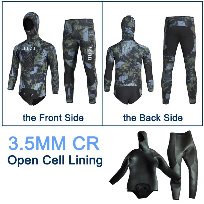 3.5MM Neoprene Spearfishing Wetsuit with Hooded, 2 Pieces Long Sleeve Camouflage Hunting Diving Suit with Loading Chest Pad