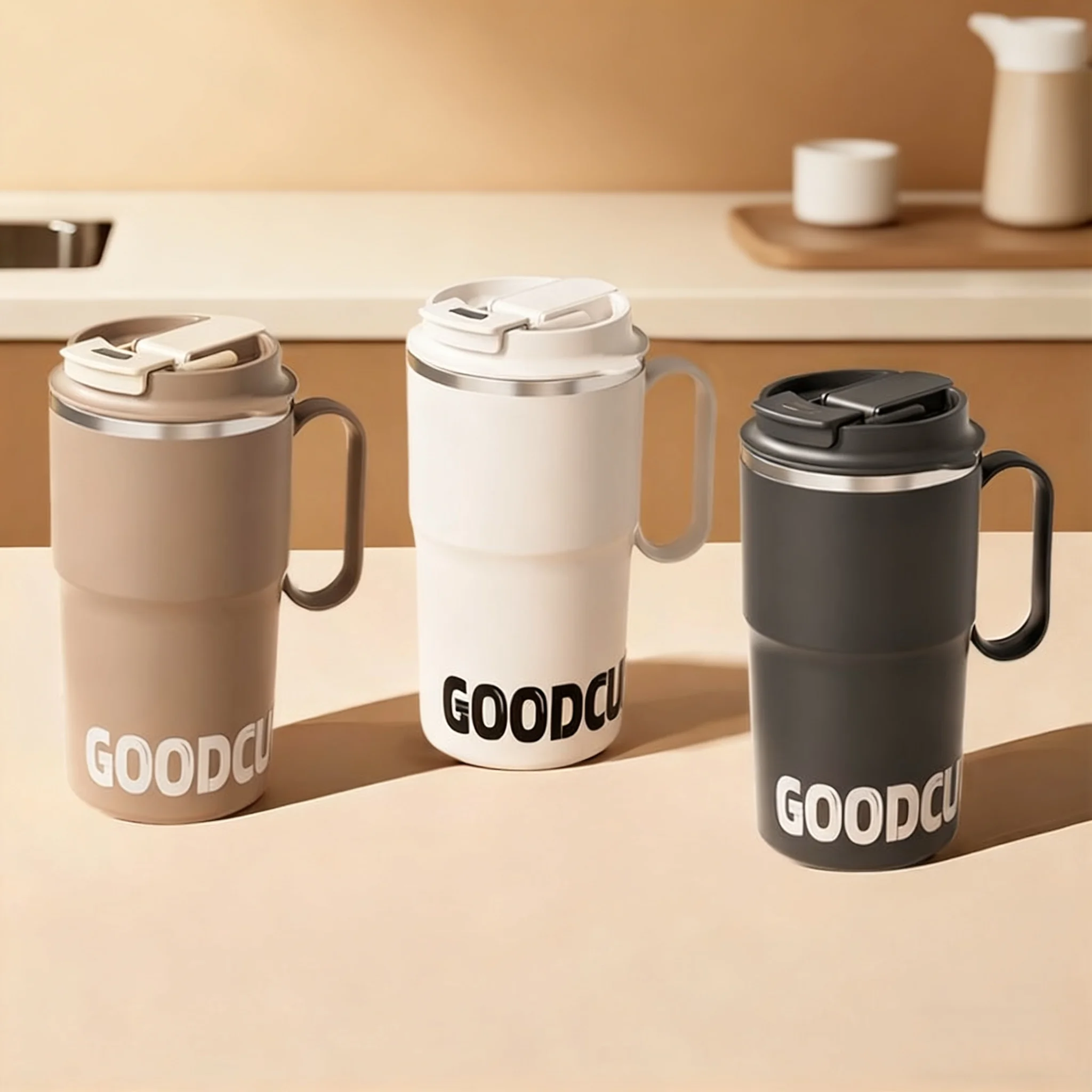 WORTHBUY Doppelwandiger isolierter Becher aus Edelstahl 304, mit Griff und Strohhalm, tragbar, große Kapazität, Thermo-Wasserbecher, Kaffeetasse