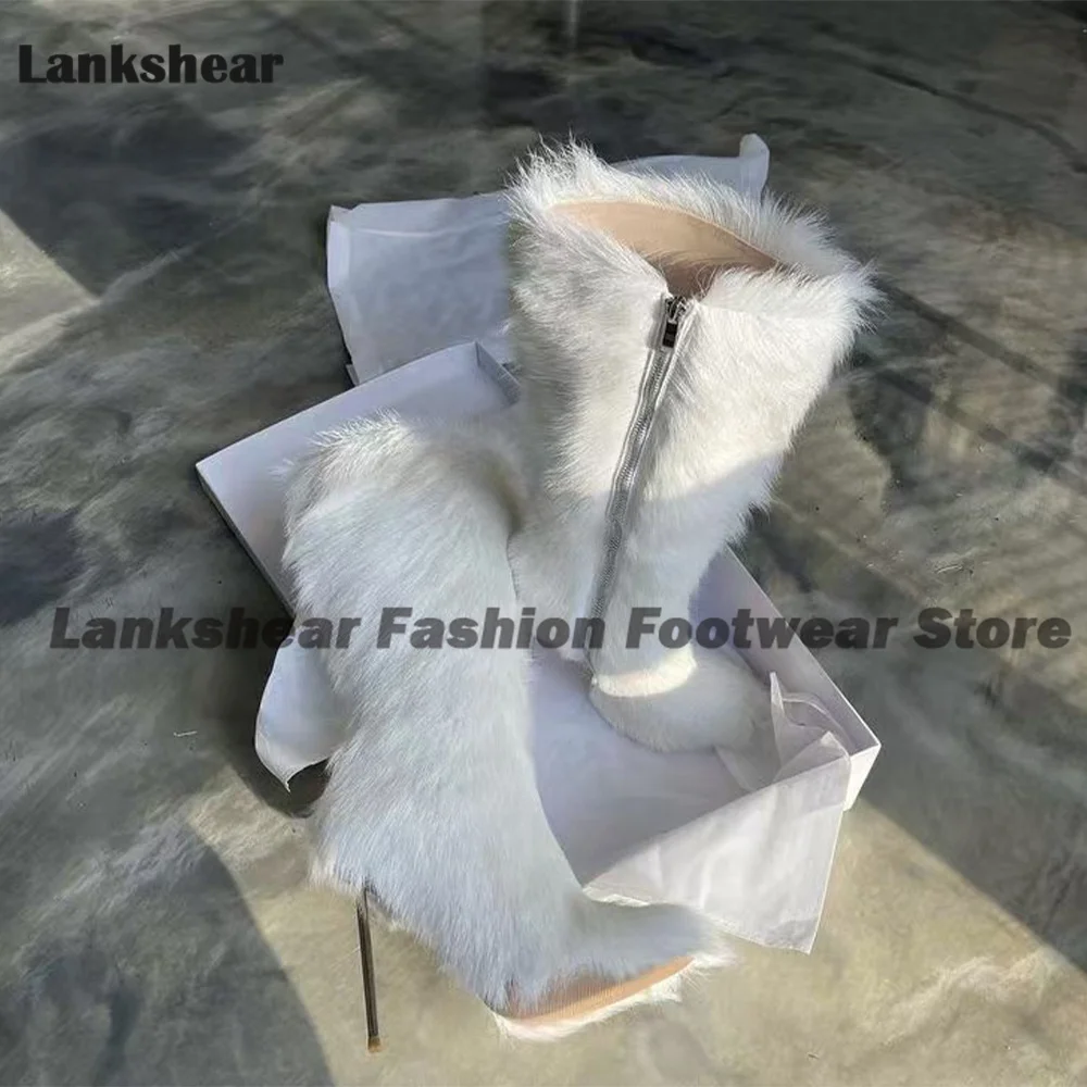 White Fur High Boots Women Metal Stiletto Heel Booties Winter Warm Pointy Toe Ladies Botas Big Size Winter Female Fluff Shoes