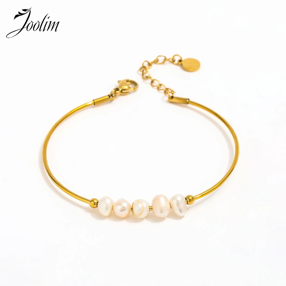 

Joolim Jewelry Wholesale High End PVD No Fade Fashion Elegant Freshwater Pearl Elastic String Stainless Steel Bracelet for Women