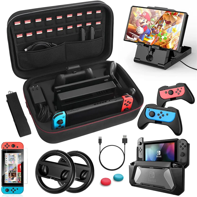 Case Accessory Kit Compatible Nintendo Nintendo Switch 12-in-1 Switch Carrying Case PlayStand Grip Steering Wheel, Grip