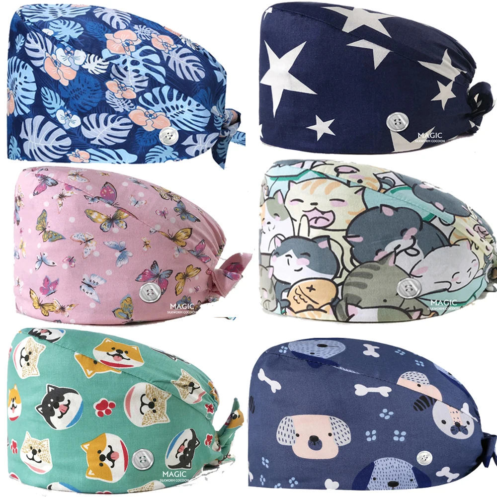 Gorros quirúrgicos Baotou para hombre y mujer, gorro con estampado médico para clínica de mascotas, médicos, dentistas y enfermeras, con botones