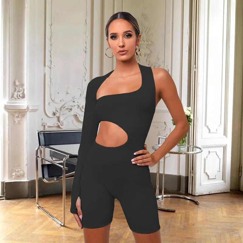 Casual Sports Asymmetrical Solid Women Rompers Basic Long Sleeve Sportswear Streetwear Female Elastic High Waist Jumpsuits