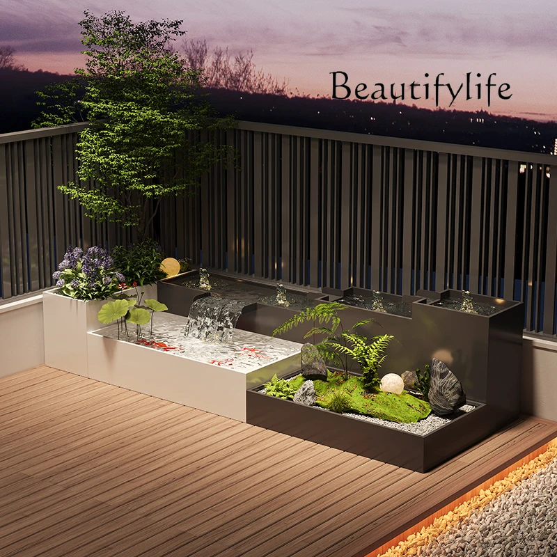 

Outdoor courtyard stainless steel running water landscape wall fish pond flower box combination water curtain wall screen landsc