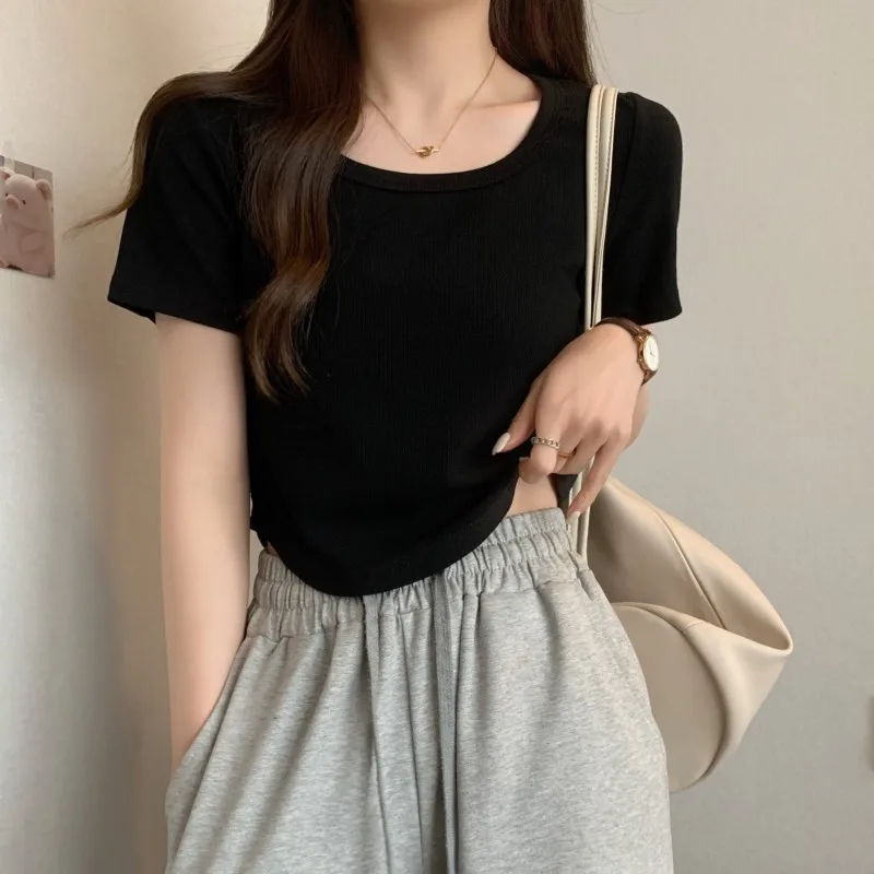 Korean Fashion Slim Crop Tops Women Sexy Y2K Kpop T-shirts Vintage Cute Casual Tees Shirts Cheap Clothes Woman Black Tshirts