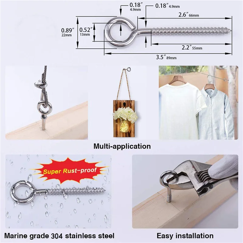 

ABFY-50 Pack Stainless Steel Eye Shape Screws Metal Hook Wood Terminal Ring Eyelet Hooks Self Tapping Screws M6