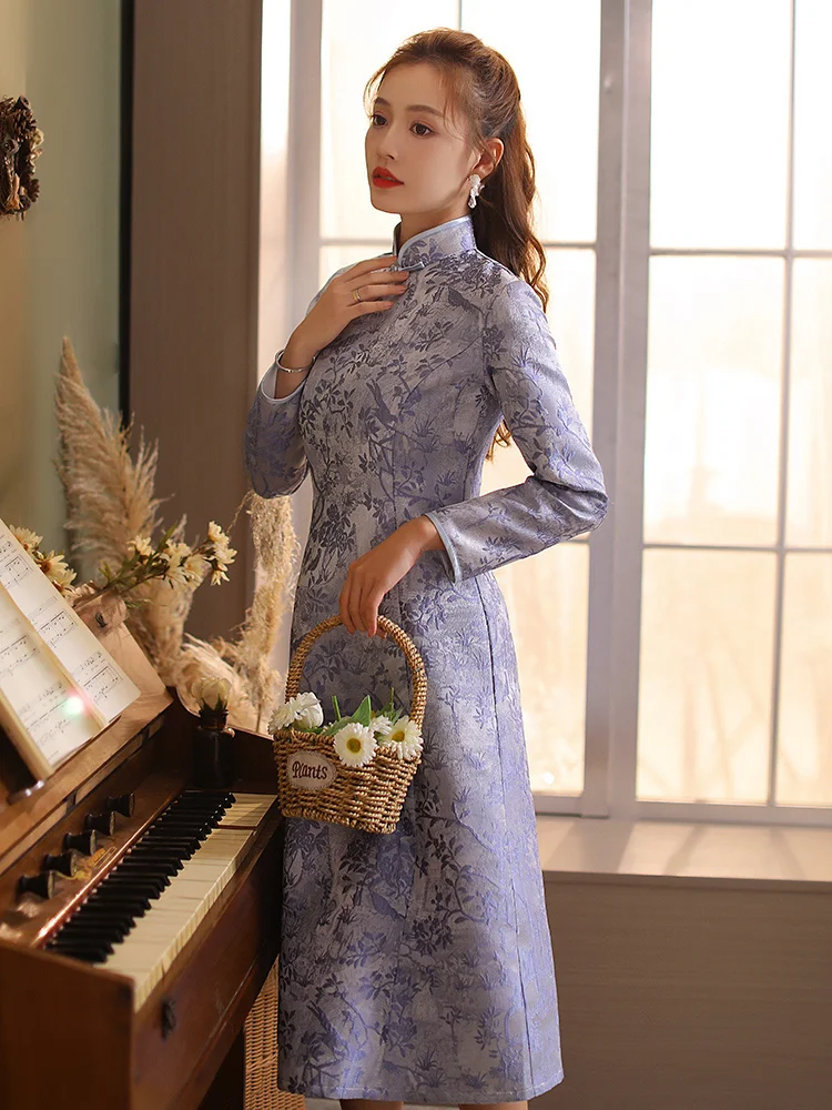 

Платье Xiu Guan Tang Blue Finch с длинными рукавами, цветочной вышивкой, модное, А-силуэт, винтажное, для повседневной носки, из полиэстера