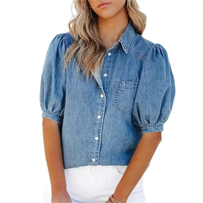 

Summer Thin Princess Sleeve Denim Shirt Women Bust Splice Pocket Single-breasted Cardigan Blouse New Casual Female Commuter Tops